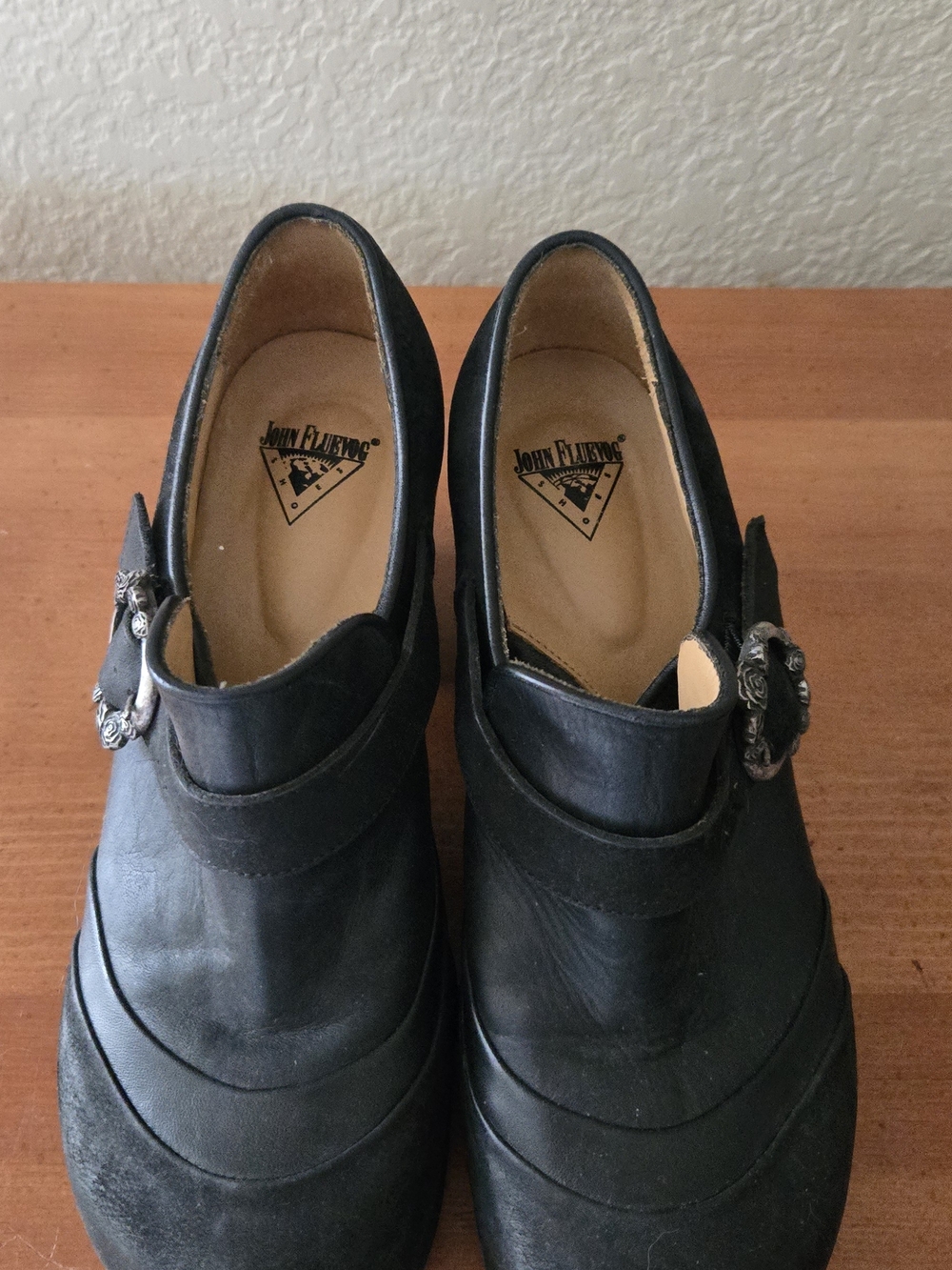 John Fluevog Black Leather And Suede Shoes with Decorative Buckle SIZE 9